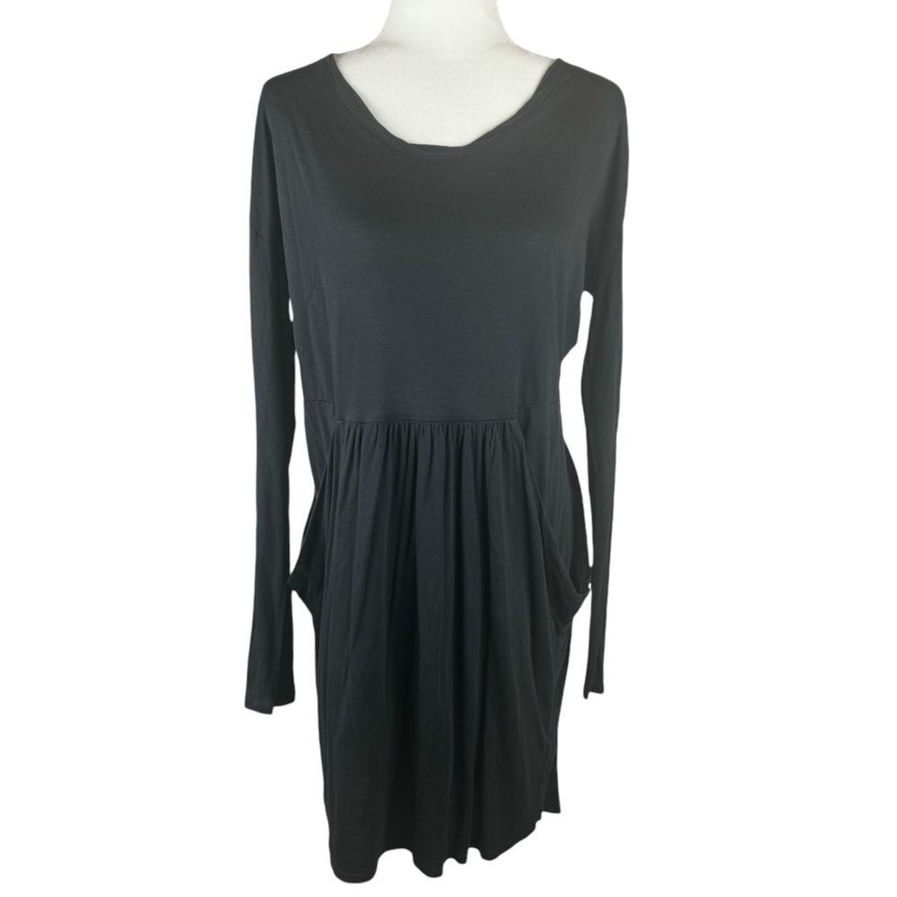 Peruvian Connection Black Dress Size Large Minimalist Sheer Panel Pleats Pockets